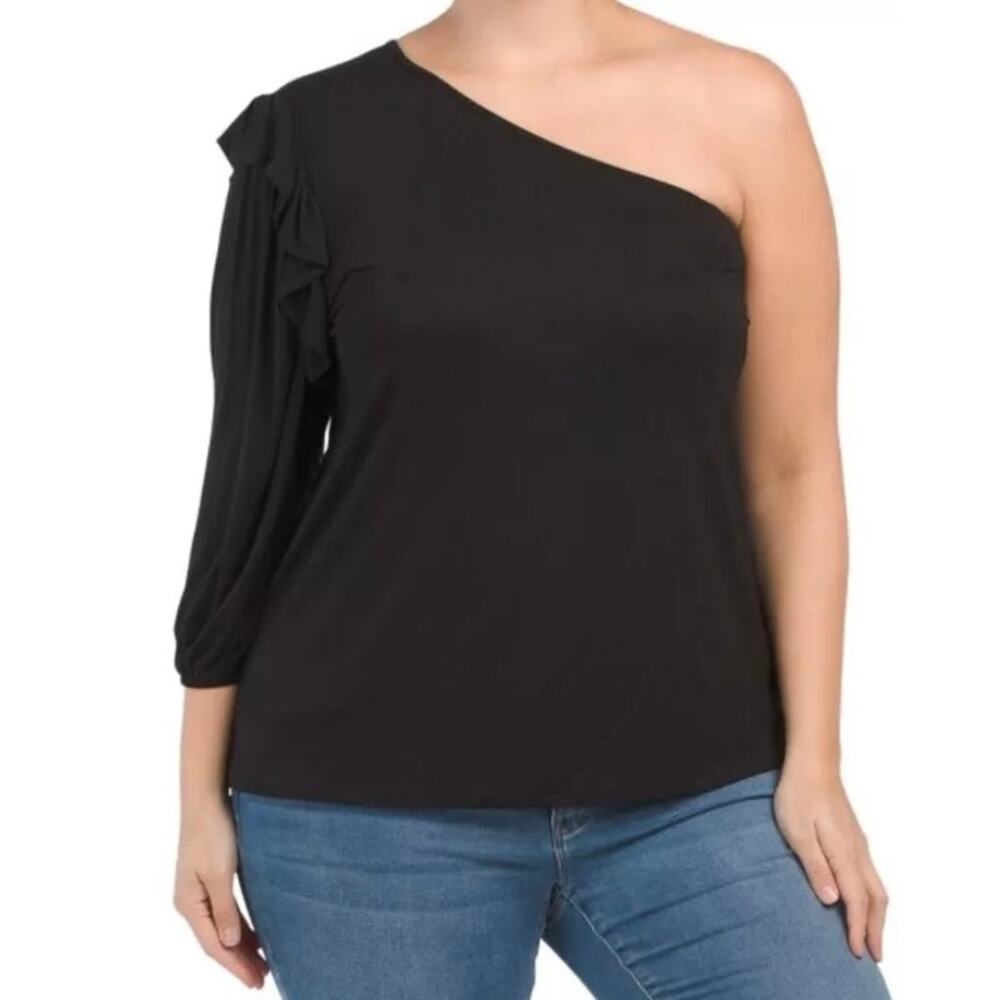 Kim Cami Top Womens 3X Black‎ Blouse Ruffle One Shoulder Goth Soft Basic Dressy